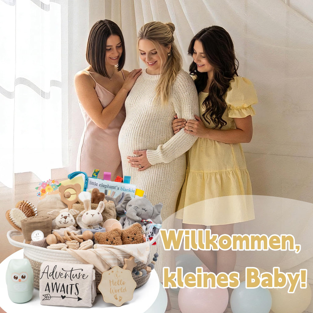 Baby Geschenk 30-teilig, Geschenkkorb zur Geburt für Neugeborene,Khaki