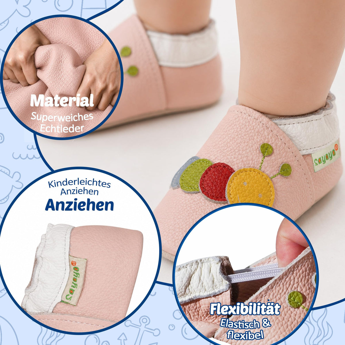 SAYOYO Weiche Leder Krabbelschuhe Baby Lauflernschuhe Jungen rutschfeste Babyhausschuhe Mädchen Kleinkind Lederschuhe, 12-18 Monate, Rosa Caterpillar