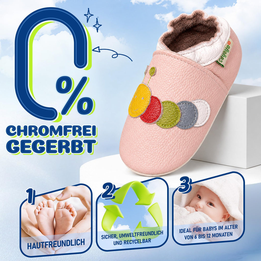 SAYOYO Weiche Leder Krabbelschuhe Baby Lauflernschuhe Jungen rutschfeste Babyhausschuhe Mädchen Kleinkind Lederschuhe, 12-18 Monate, Rosa Caterpillar