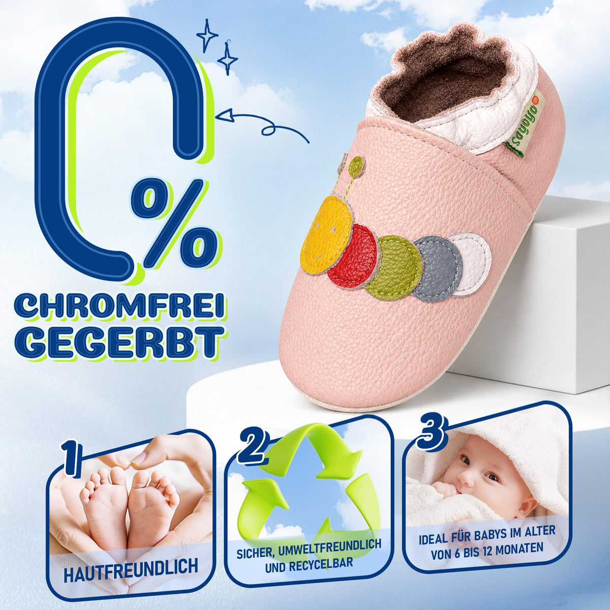 SAYOYO Weiche Leder Krabbelschuhe Baby Lauflernschuhe Jungen rutschfeste Babyhausschuhe Mädchen Kleinkind Lederschuhe, 12-18 Monate, Rosa Caterpillar