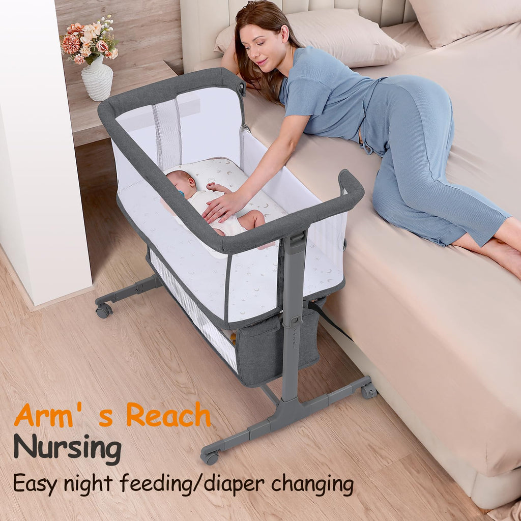 Growaystory Beistellbett Baby Bettseitiger Bassinet für Neugeborene Tragbarer Baby Bett mit Rädern Aufbewahrungskorb Matratze 7-Fach Höhenverstellbar Zustellbett (Dunkelgrau)