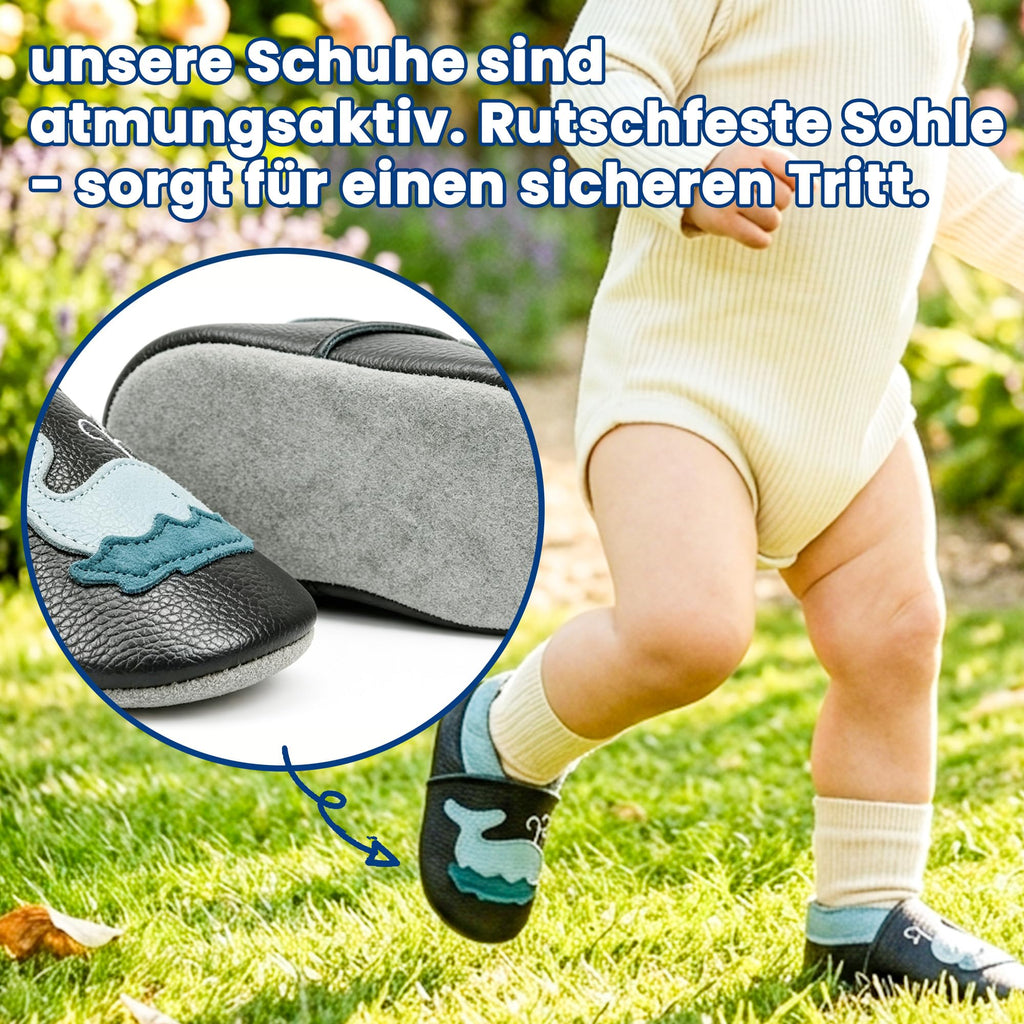 SAYOYO Krabbelschuhe Baby Lauflernschuhe für Kleinkinder Weiche Leder mit Rutschfester Sohle Lederschuhe Jungen Mädchen Babyhausschuhe, 12-18 Monate, Schwarz Wal