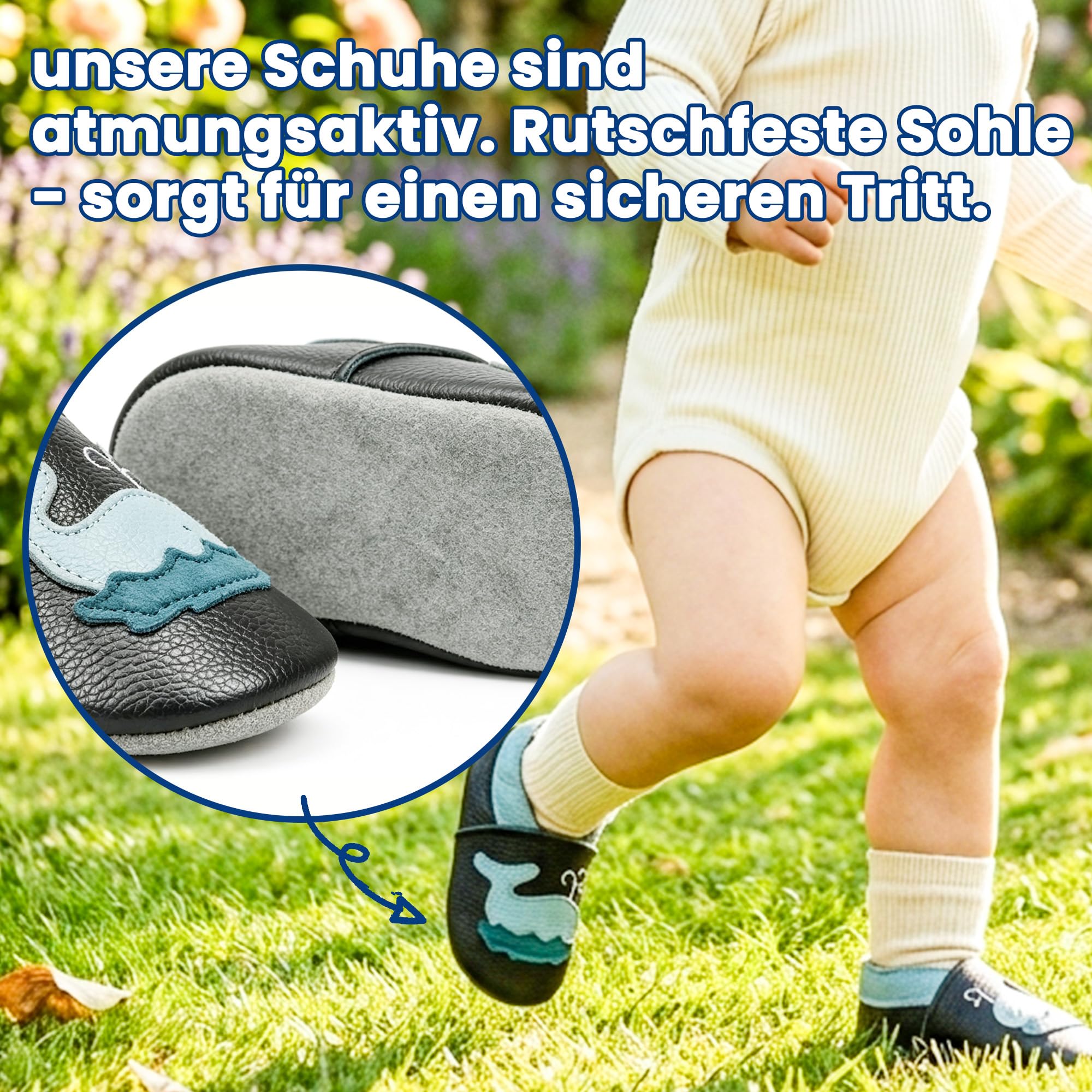 SAYOYO Krabbelschuhe Baby Lauflernschuhe für Kleinkinder Weiche Leder mit Rutschfester Sohle Lederschuhe Jungen Mädchen Babyhausschuhe, 12-18 Monate, Schwarz Wal