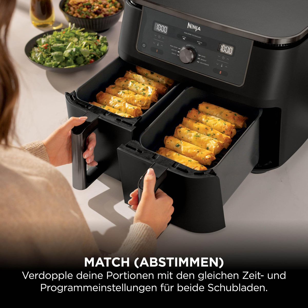 Ninja Heißluftfritteuse MAX Dual Zone, 2 Schubladen, 9,5 L, 6-in-1, Kochen ohne Öl, Air Fry, Max Crisp, Braten, Backen, Aufwärmen, Dörren, spülmaschinengeeignete Antihaft-Körbe, Onyxschwarz DZ400EUBK
