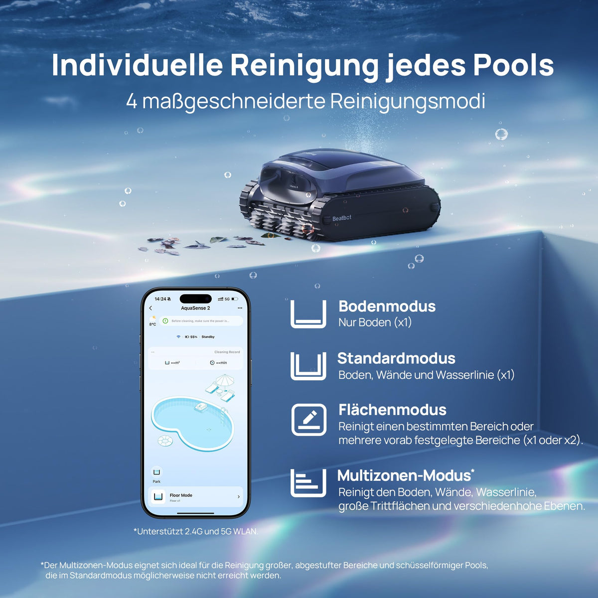 Beatbot AquaSense 2 Poolroboter, Oberflächen-Parkfunktion, Fenstergrau
