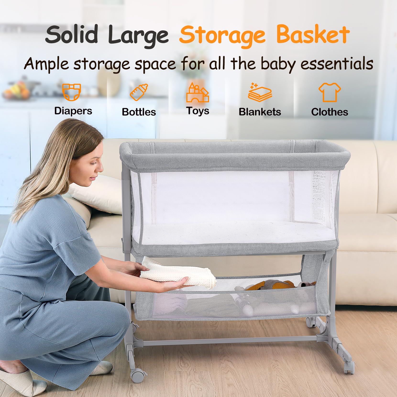 Growaystory Beistellbett Baby Bettseitiger Bassinet für Neugeborene Tragbarer Baby Bett mit Rädern Aufbewahrungskorb Matratze 7-Fach Höhenverstellbar Zustellbett (Hellgrau)