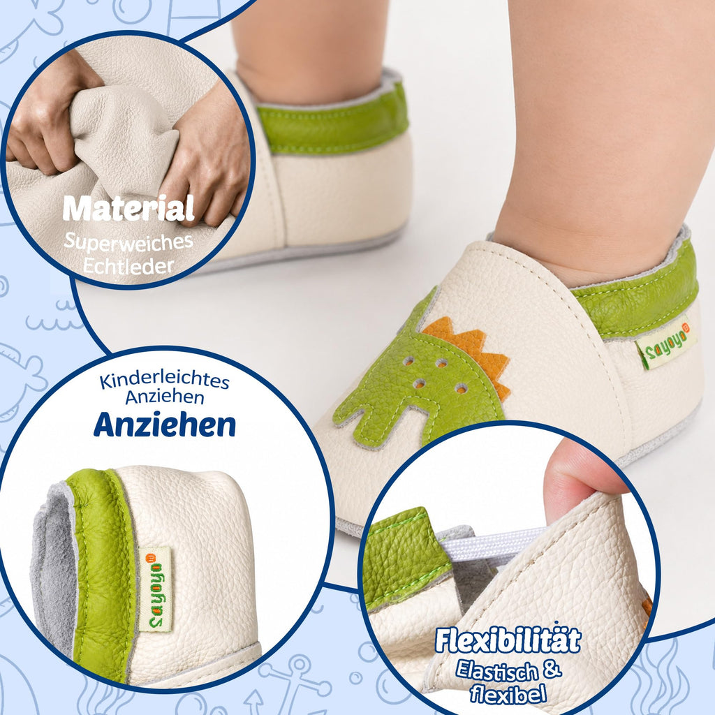 SAYOYO Baby Krabbelschuhe Leder rutschfest 12-18 Monate 21/22 Beige Dinosauri