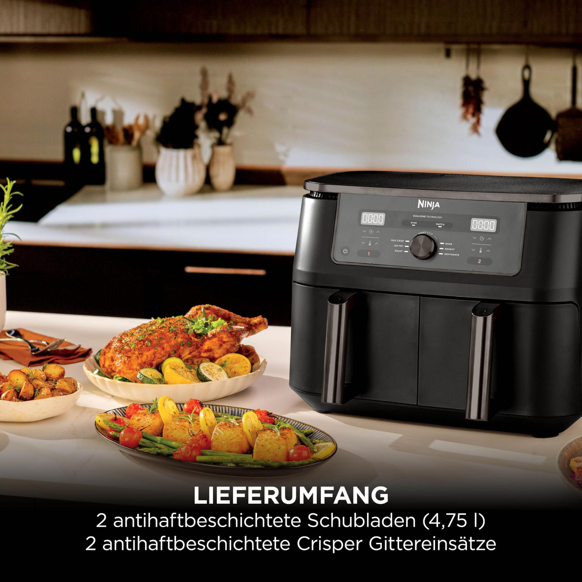 Ninja Heißluftfritteuse MAX Dual Zone, 2 Schubladen, 9,5 L, 6-in-1, Kochen ohne Öl, Air Fry, Max Crisp, Braten, Backen, Aufwärmen, Dörren, spülmaschinengeeignete Antihaft-Körbe, Onyxschwarz DZ400EUBK
