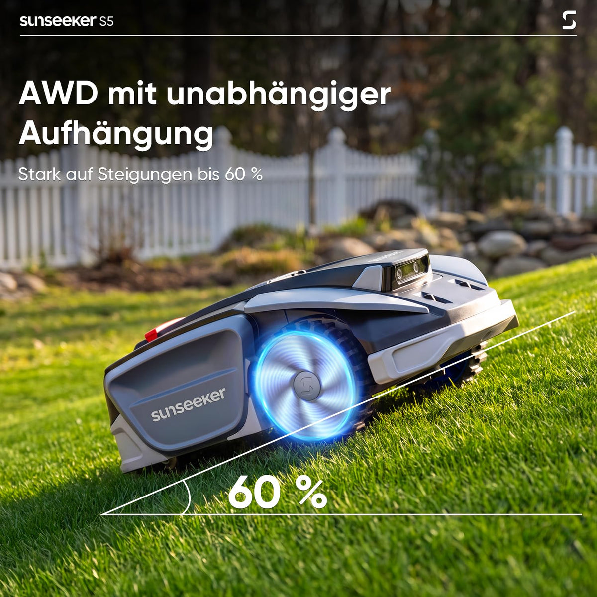 Sunseeker S5 Mähroboter ohne Begrenzungskabel AWD Allradantrieb, 60% Steigungsfähigkeit, 1600㎡ Rasenabdeckung, RTK + Vision, Intelligenter Rasenmäher für Große Gärten