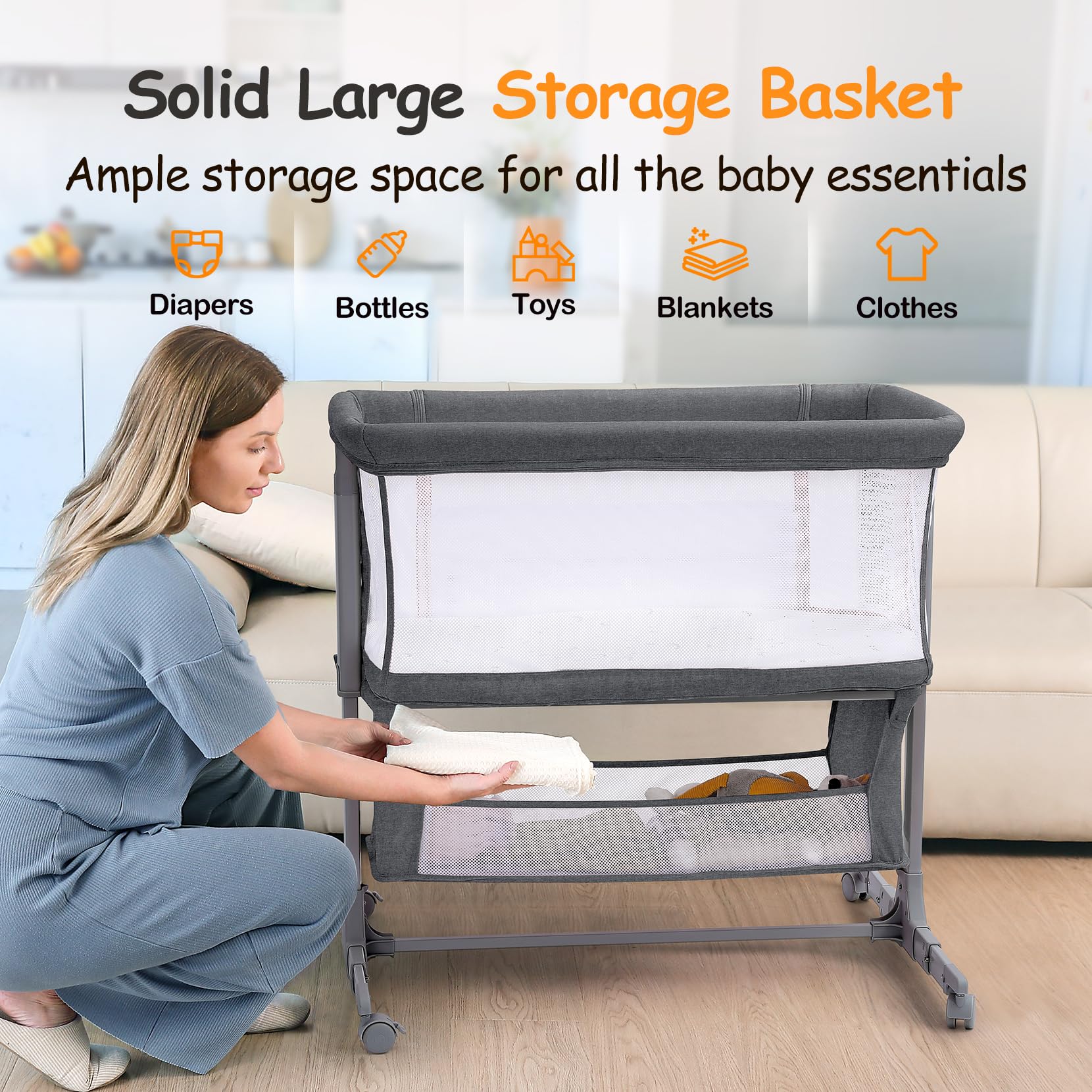 Growaystory Beistellbett Baby Bettseitiger Bassinet für Neugeborene Tragbarer Baby Bett mit Rädern Aufbewahrungskorb Matratze 7-Fach Höhenverstellbar Zustellbett (Dunkelgrau)
