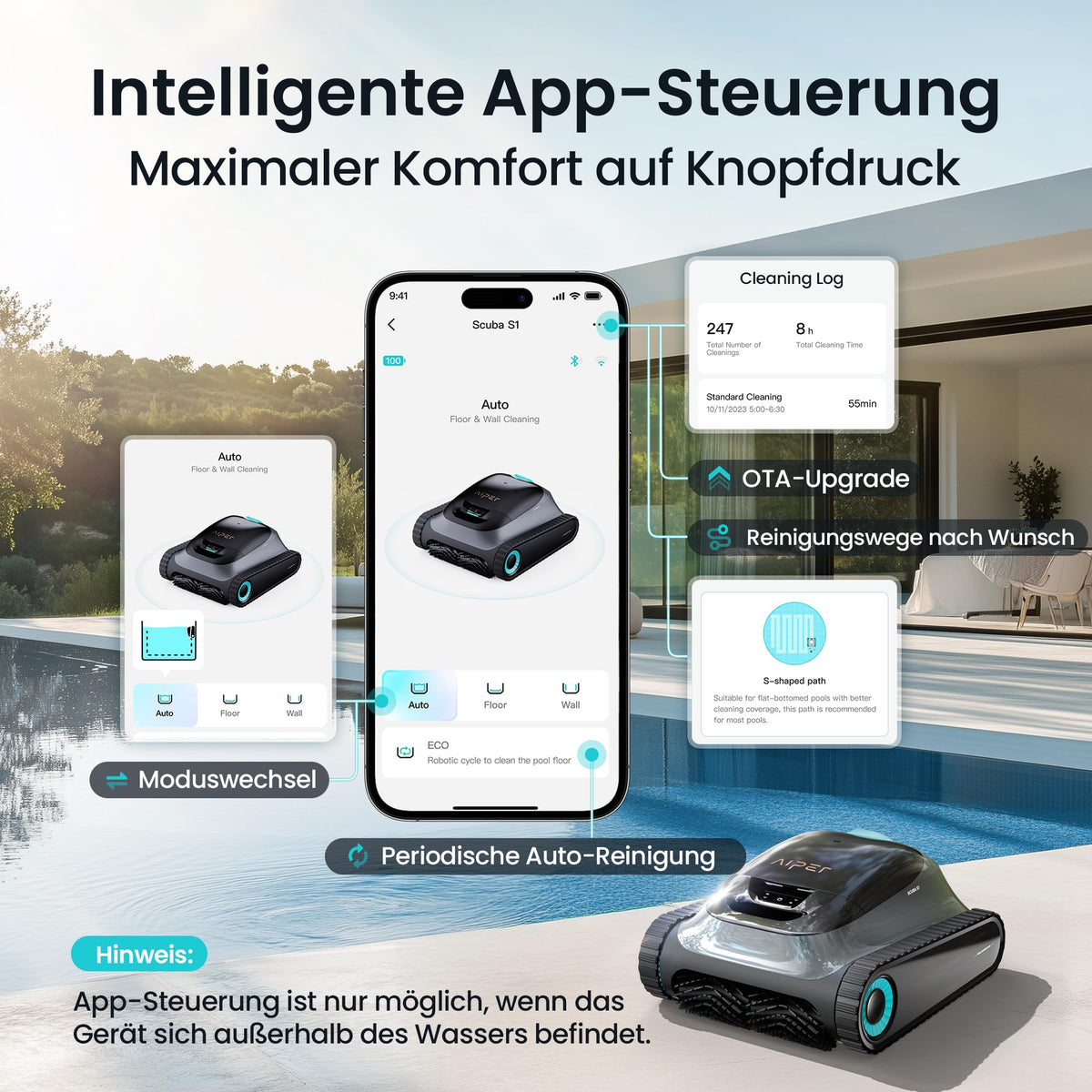 (2026 Upgrade) AIPER Scuba S1 Poolroboter Boden und Wand, Wasserlinienreinigung, Doppelfiltration, 270 Min Laufzeit, Intelligente Navigation, App-Steuerung & OTA-Updates für Einbau- und Aufstellpools