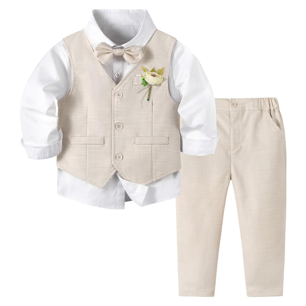 Volunboy Baby Jungen Anzug, Kinder Anzugweste Festliche Hochzeit Kleidung Bekleidung Set 4tlg(Größe 110,3-4 Jahre,Beige