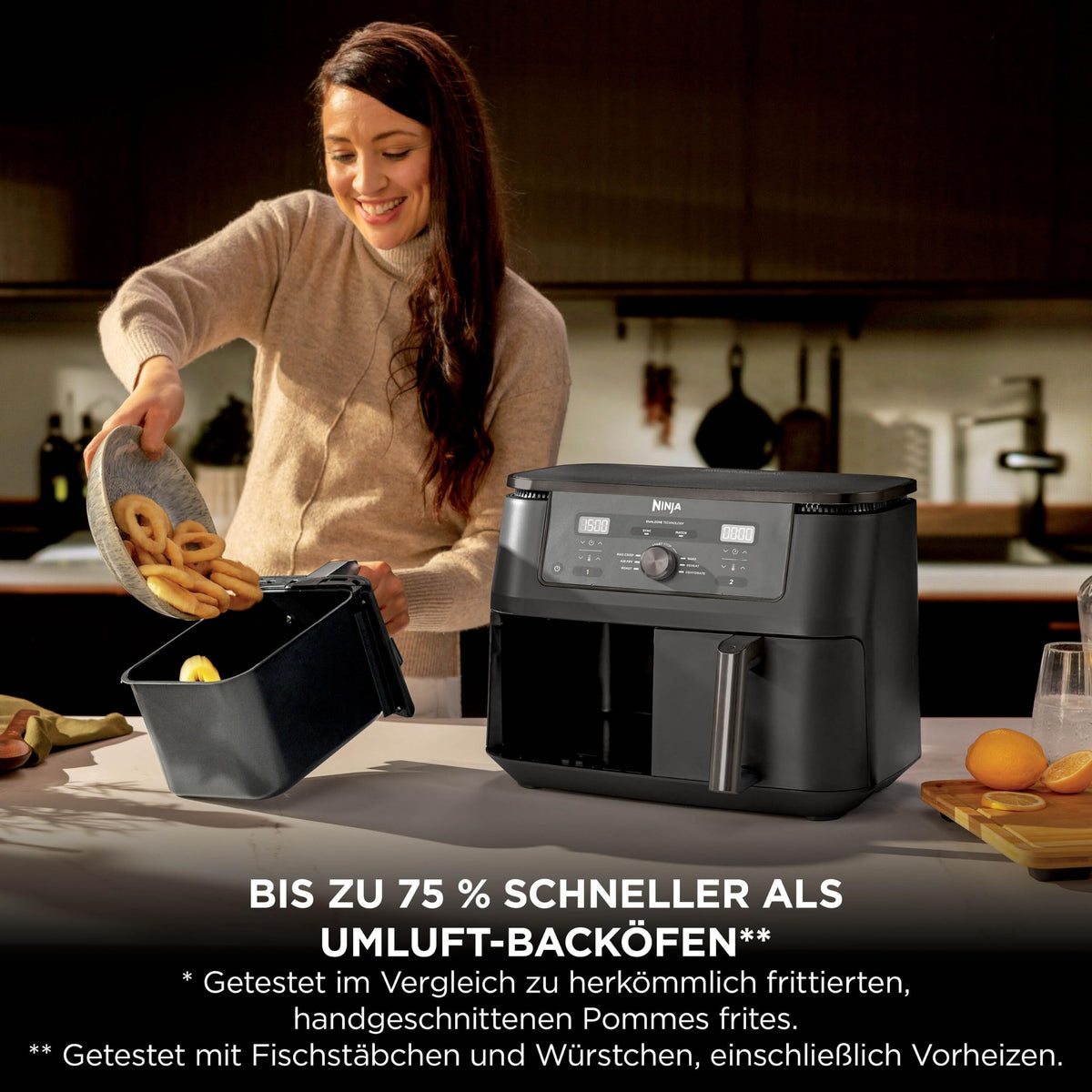 Ninja Heißluftfritteuse MAX Dual Zone, 2 Schubladen, 9,5 L, 6-in-1, Kochen ohne Öl, Air Fry, Max Crisp, Braten, Backen, Aufwärmen, Dörren, spülmaschinengeeignete Antihaft-Körbe, Onyxschwarz DZ400EUBK