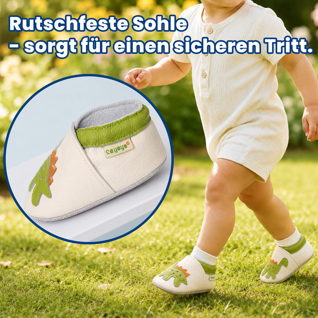 SAYOYO Baby Krabbelschuhe Leder rutschfest 12-18 Monate 21/22 Beige Dinosauri