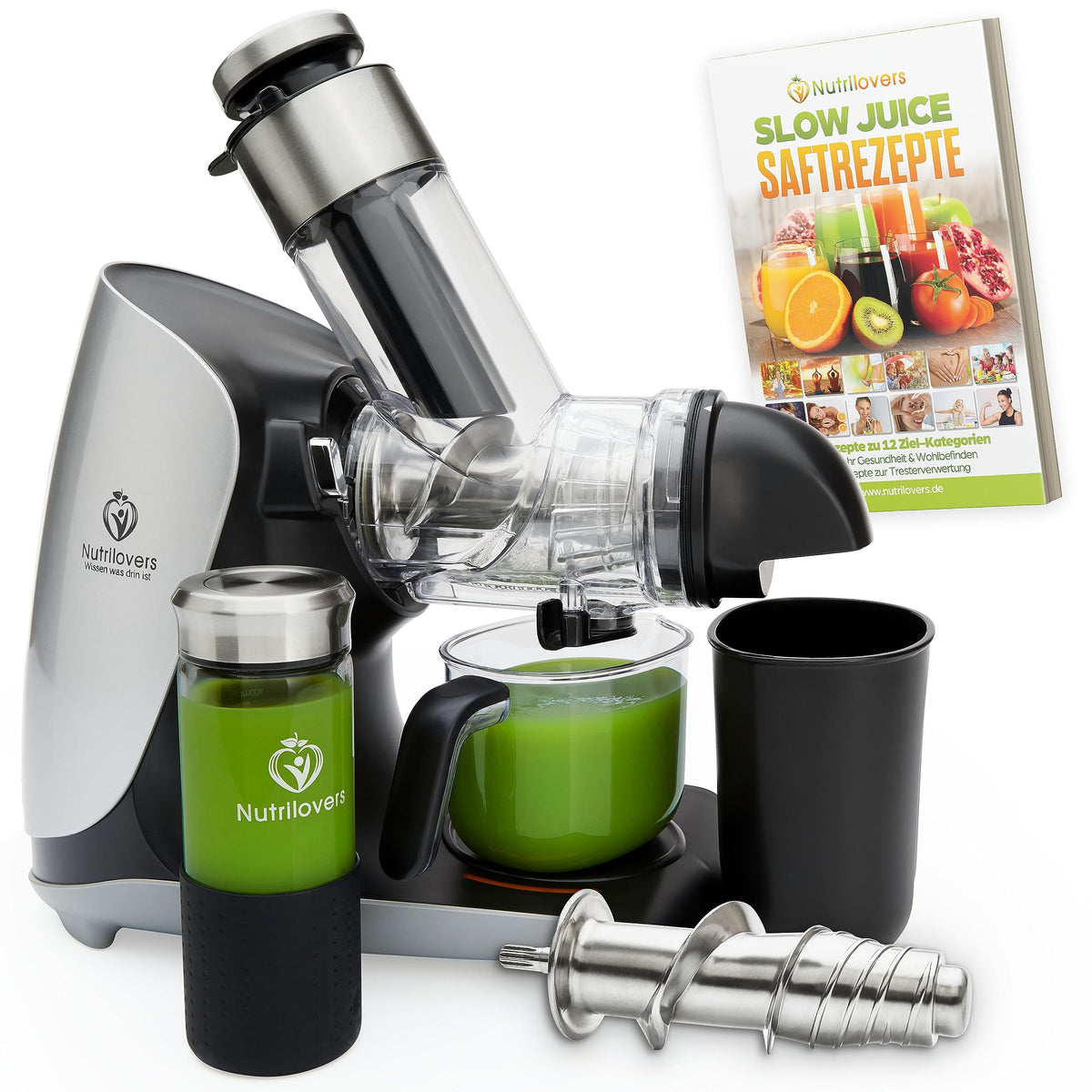 Nutrilovers Slow Juicer GREEN-PRESS EDELSTAHL Schnecke DEUTSCHE MARKE Ganze Früchte entsaften Sellerie Gemüse und Obst Entsafter Testsieger Allrounder Saftpresse elektrisch