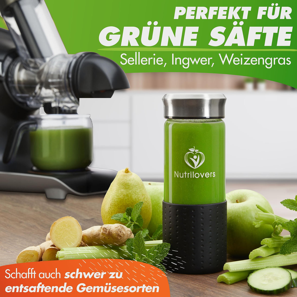 Nutrilovers Slow Juicer GREEN-PRESS EDELSTAHL Schnecke DEUTSCHE MARKE Ganze Früchte entsaften Sellerie Gemüse und Obst Entsafter Testsieger Allrounder Saftpresse elektrisch
