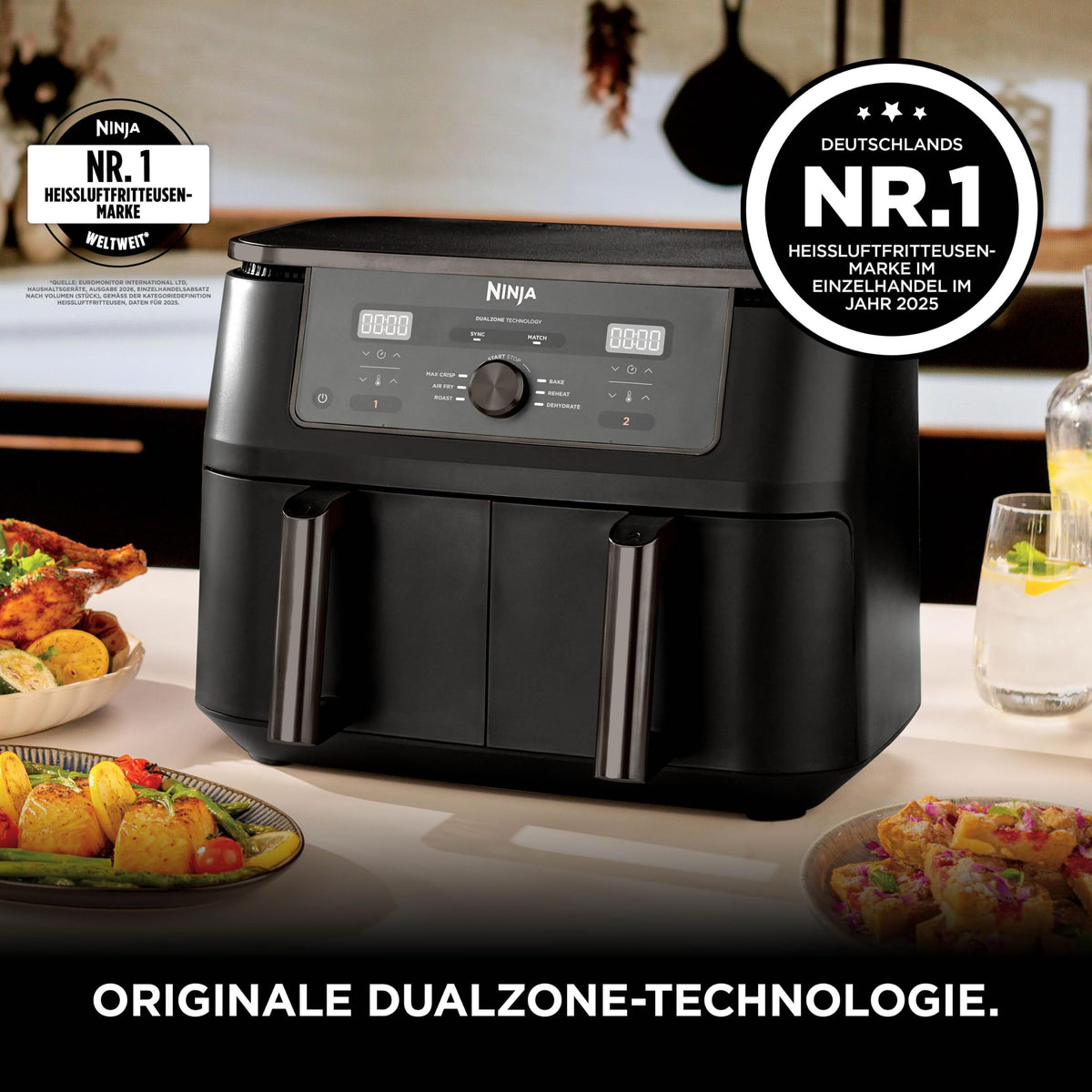 Ninja Heißluftfritteuse MAX Dual Zone, 2 Schubladen, 9,5 L, 6-in-1, Kochen ohne Öl, Air Fry, Max Crisp, Braten, Backen, Aufwärmen, Dörren, spülmaschinengeeignete Antihaft-Körbe, Onyxschwarz DZ400EUBK