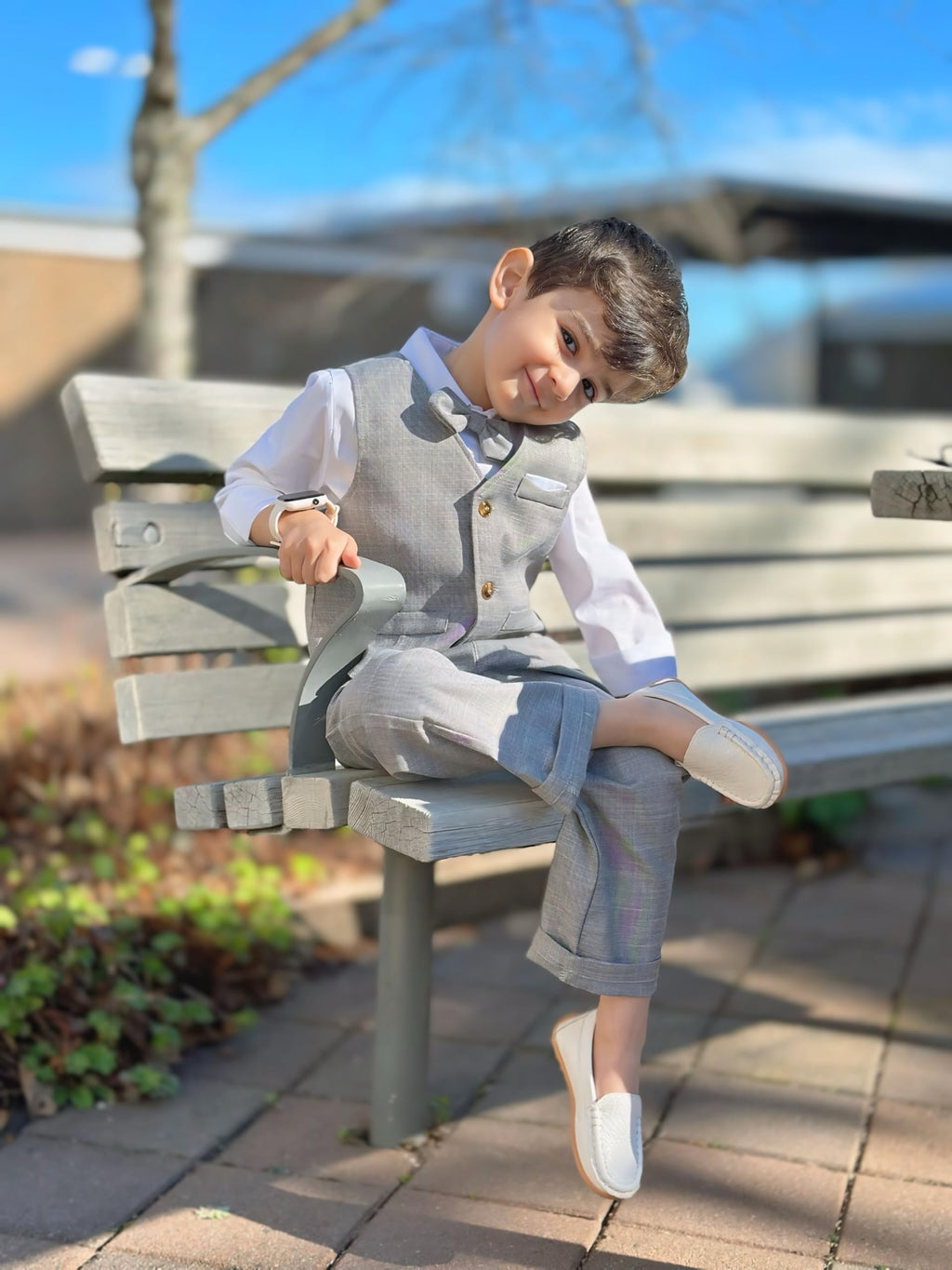 Volunboy Baby Jungen Anzug, Kinder Anzugweste Festliche Hochzeit Kleidung Bekleidung Set 4tlg (3-4 Jahre, Grau, Größe 110)