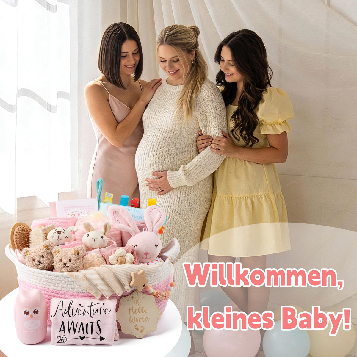 Baby Geschenk, Geschenkkorb zur Geburt für Mädchen & Jungen, Rosa