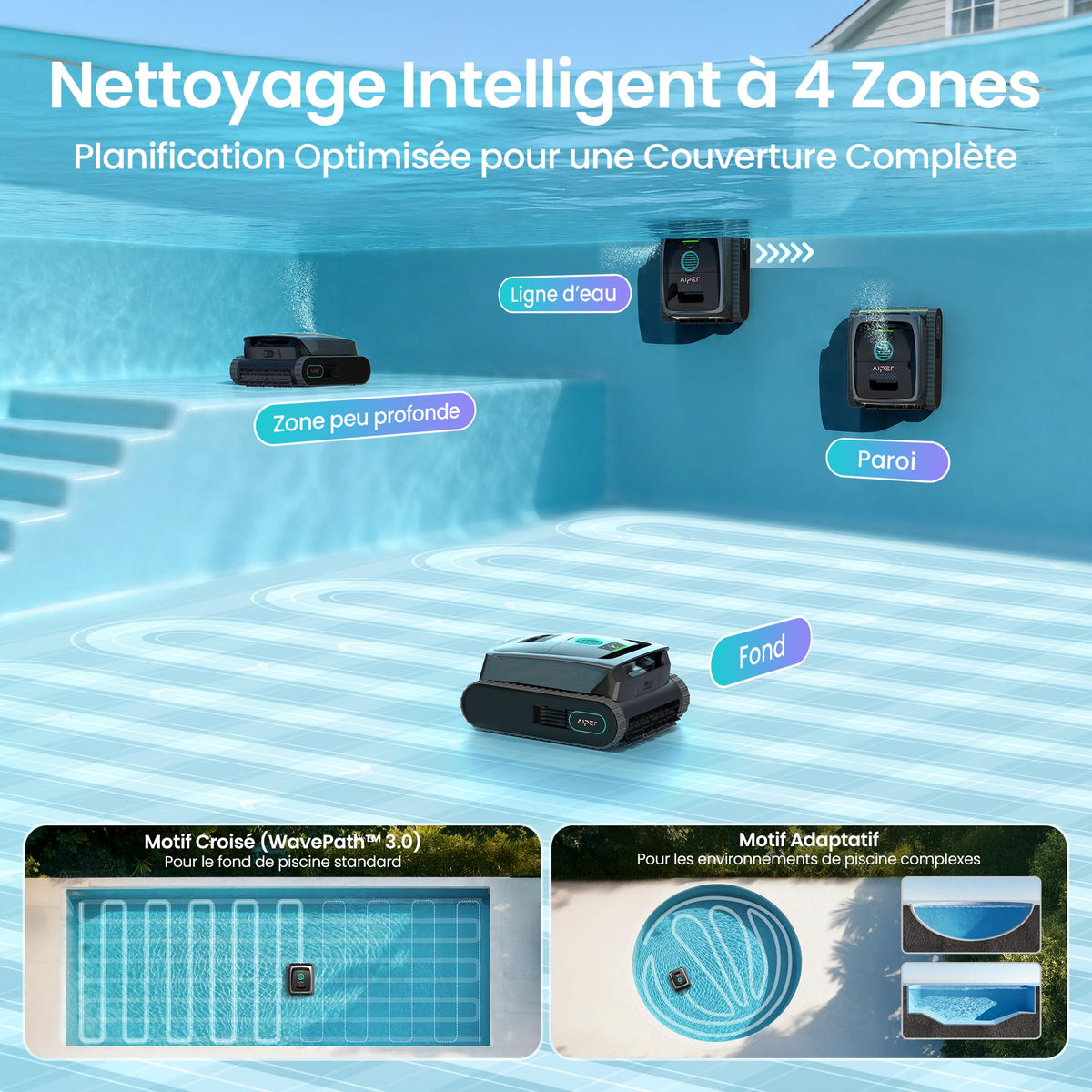 AIPER (2026 Neu) Scuba S3 Poolroboter für Boden, Wand & Wasserlinie, Poolsauger Akku mit Wasserlinien-Parkfunktion, 3-Mikron-Filter, Sensor-Navigation & App-Steuerung, für Einbau- & Aufstellpools