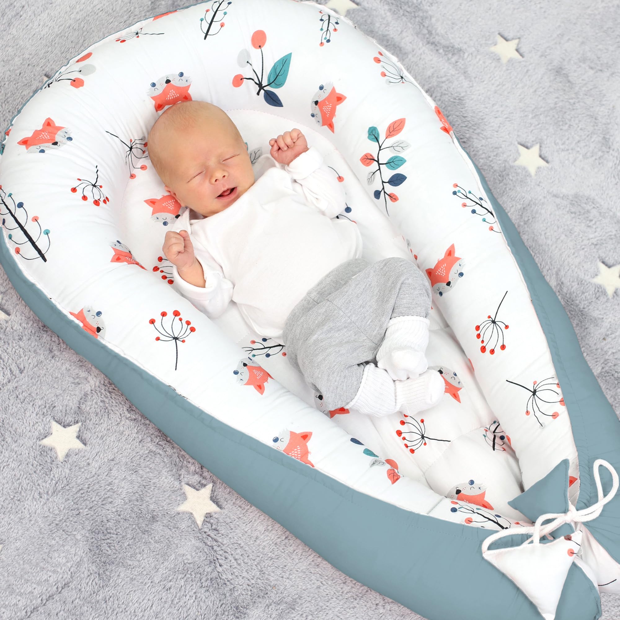 Babynest babynestchen neugeborene 90 x 50 cm baby nestchen tragbar nest für bett kinder kuschelnest coccon für jungen und mädchen fuchs salbei