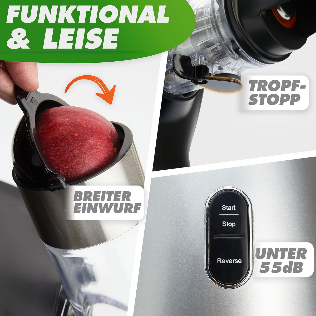 Nutrilovers Slow Juicer GREEN-PRESS EDELSTAHL Schnecke DEUTSCHE MARKE Ganze Früchte entsaften Sellerie Gemüse und Obst Entsafter Testsieger Allrounder Saftpresse elektrisch