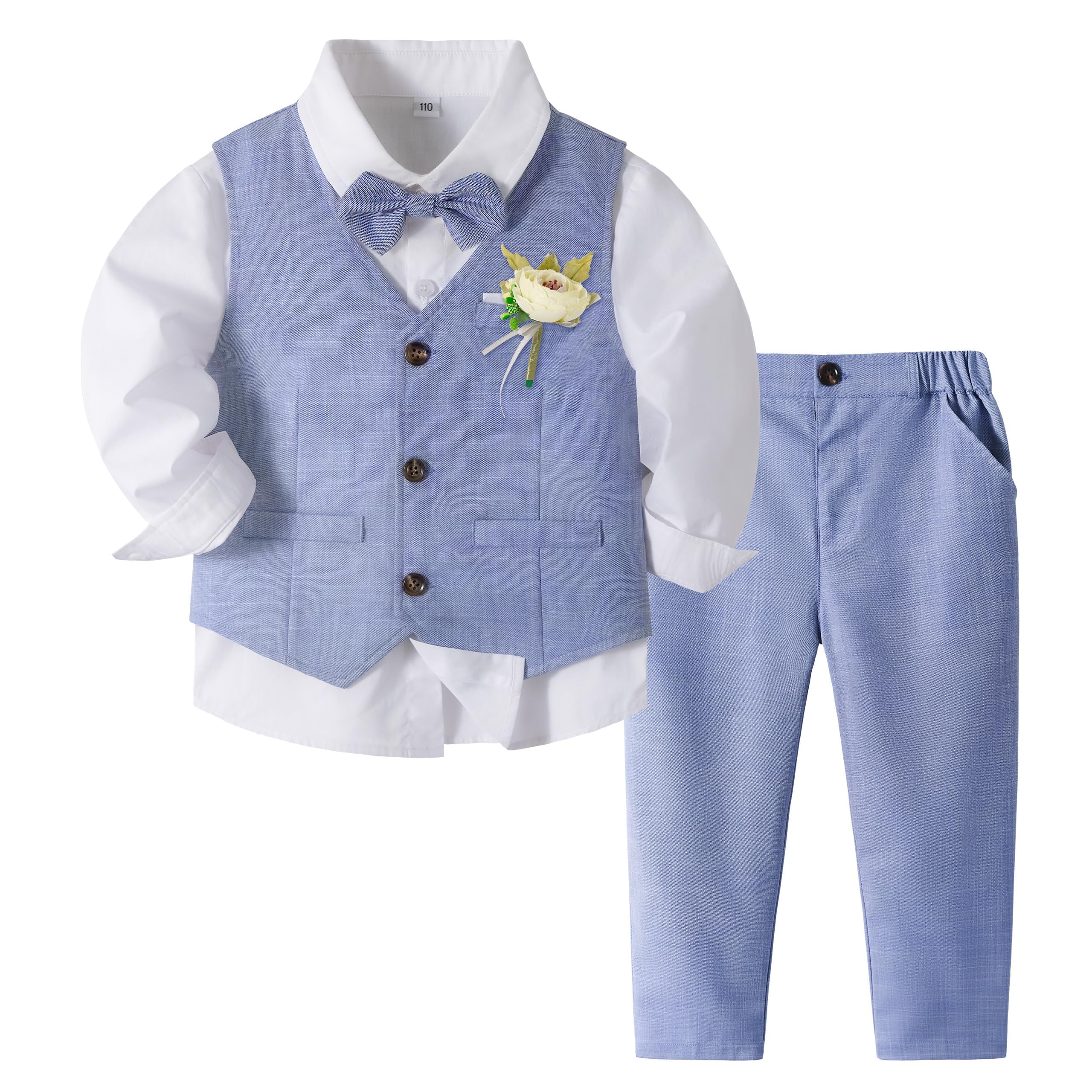Volunboy Baby Jungen Anzug, Kinder Anzugweste Festliche Hochzeit Kleidung Bekleidung Set 4tlg (3-4 Jahre, Helle Blau, Größe 110)