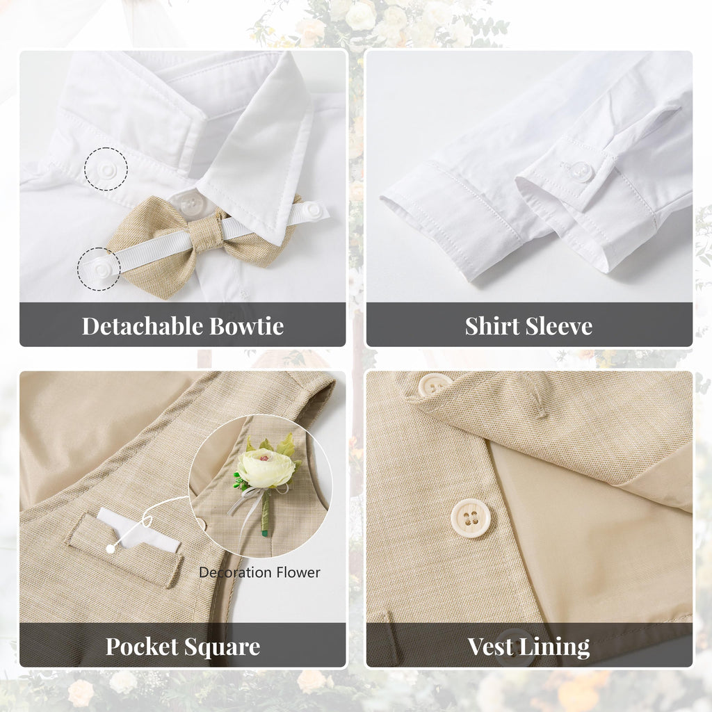 Volunboy Baby Jungen Anzug, Kinder Anzugweste Festliche Hochzeit Kleidung Bekleidung Set 4tlg(Größe 130,5-6 Jahre,Helles Khaki