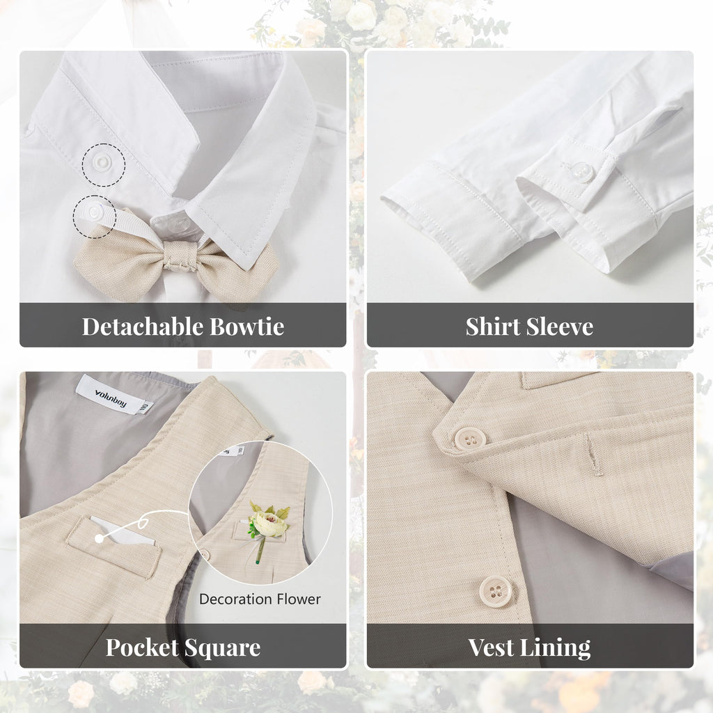 Volunboy Baby Jungen Anzug, Kinder Anzugweste Festliche Hochzeit Kleidung Bekleidung Set 4tlg(Größe 110,3-4 Jahre,Beige