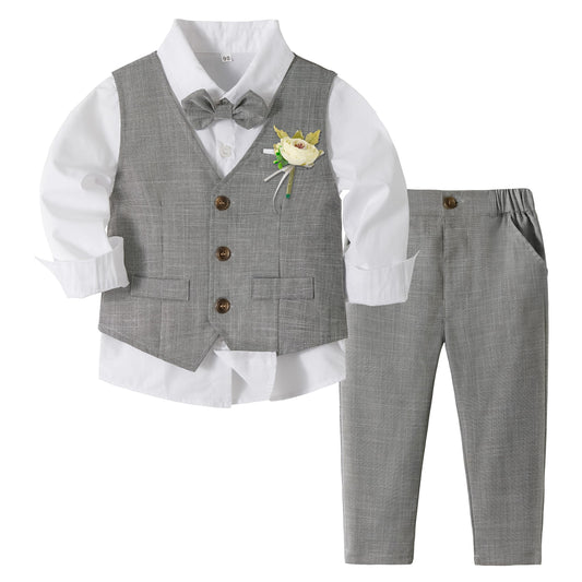 Volunboy Baby Jungen Anzug, Kinder Anzugweste Festliche Hochzeit Kleidung Bekleidung Set 4tlg (3-4 Jahre, Grau, Größe 110)