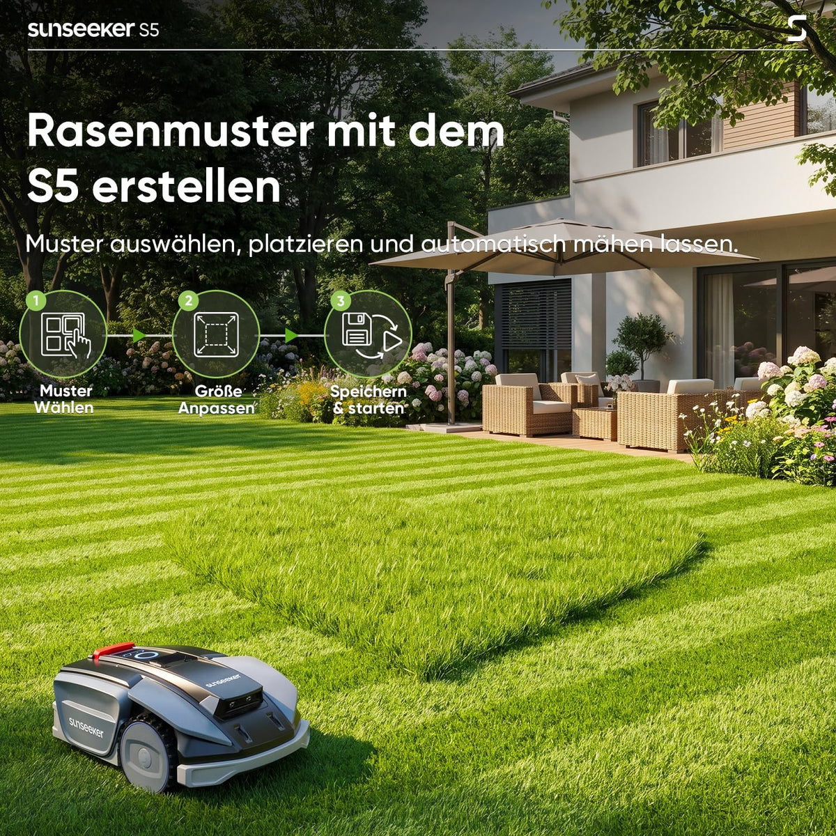Sunseeker S5 Mähroboter ohne Begrenzungskabel AWD Allradantrieb, 60% Steigungsfähigkeit, 1600㎡ Rasenabdeckung, RTK + Vision, Intelligenter Rasenmäher für Große Gärten