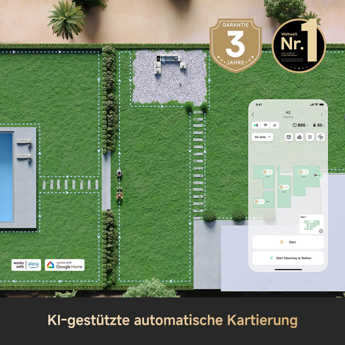 DREAME A2 1200 Mähroboter – Kabellos ohne RTK, für Flächen bis zu 1200 m²