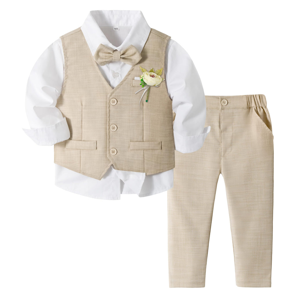 Volunboy Baby Jungen Anzug, Kinder Anzugweste Festliche Hochzeit Kleidung Bekleidung Set 4tlg(Größe 130,5-6 Jahre,Helles Khaki