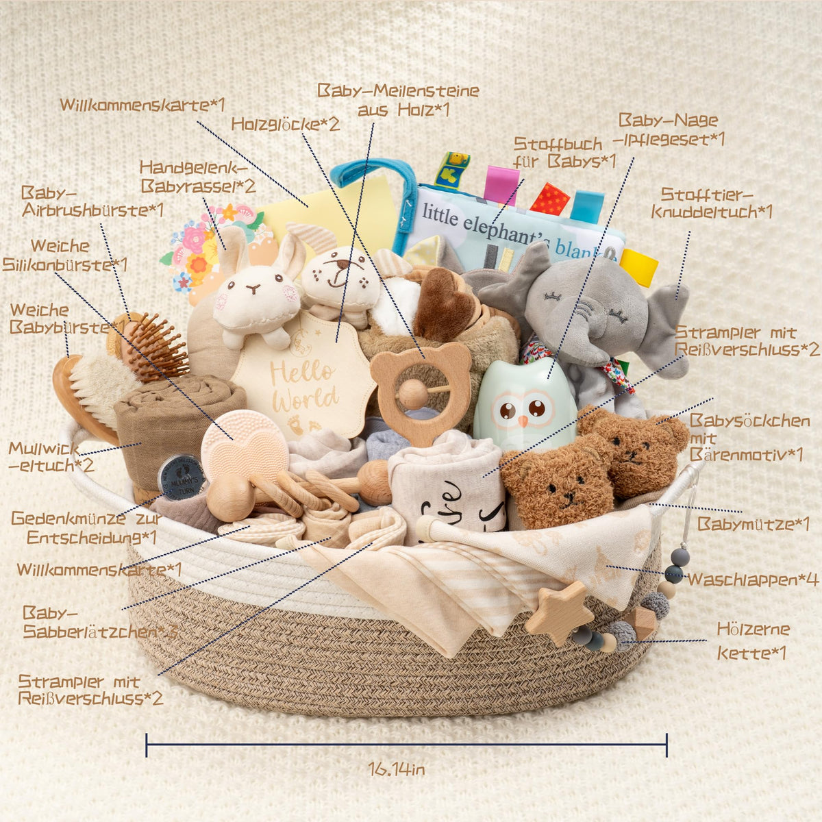 Baby Geschenk 30-teilig, Geschenkkorb zur Geburt für Neugeborene,Khaki